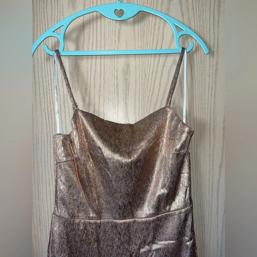 LULU’S- Gorgeously Glowing Shiny Rose Gold Mini Skater Dress - NWT - Picture 9 of 15